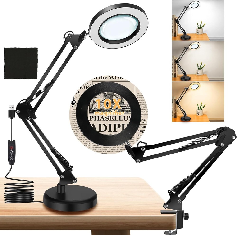 10X Magnifying Glass with Light and Stand, 2 in 1 black stand clamp