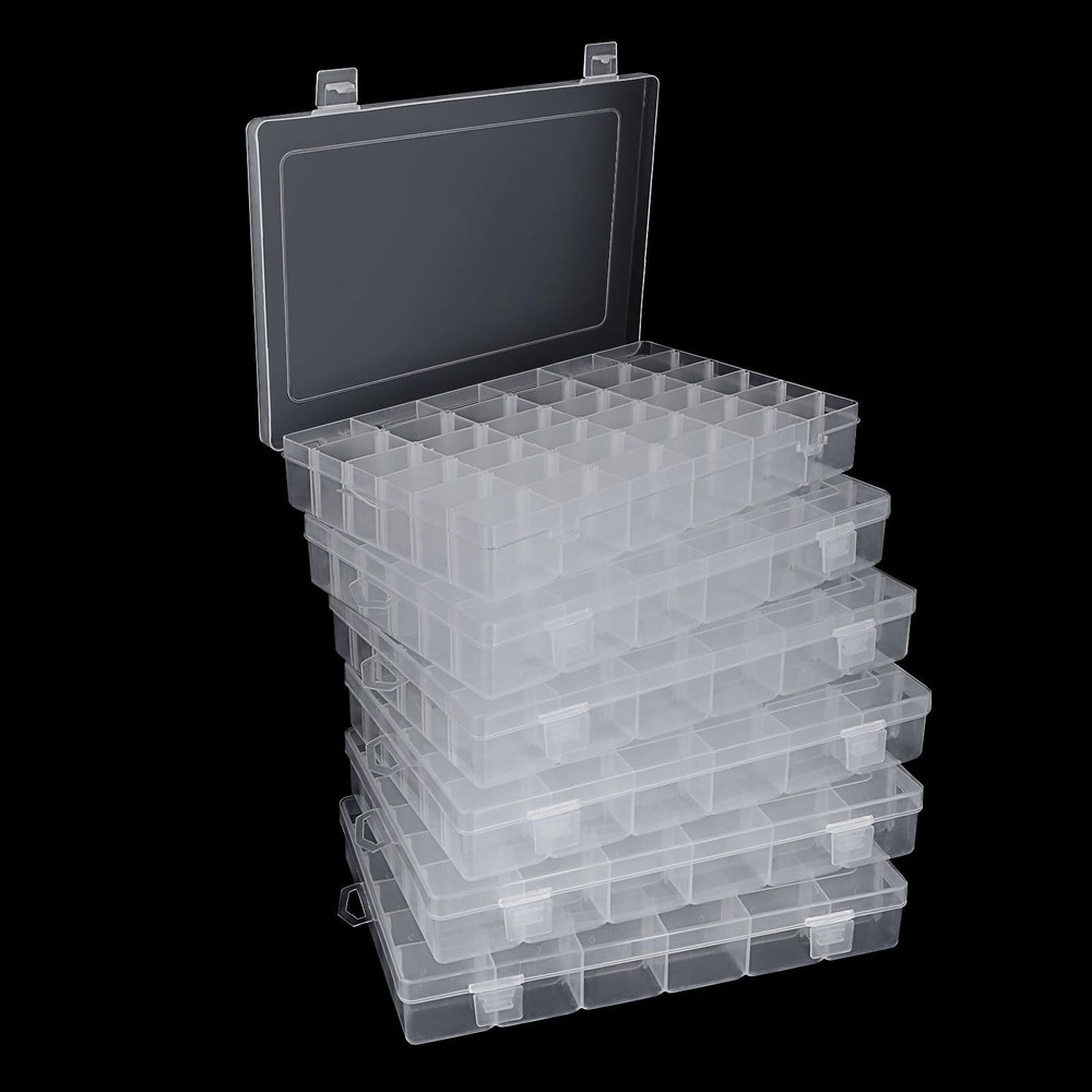 6-Piece 36-Grid Plastic Storage Box with Dividers for Crafts and Tackle