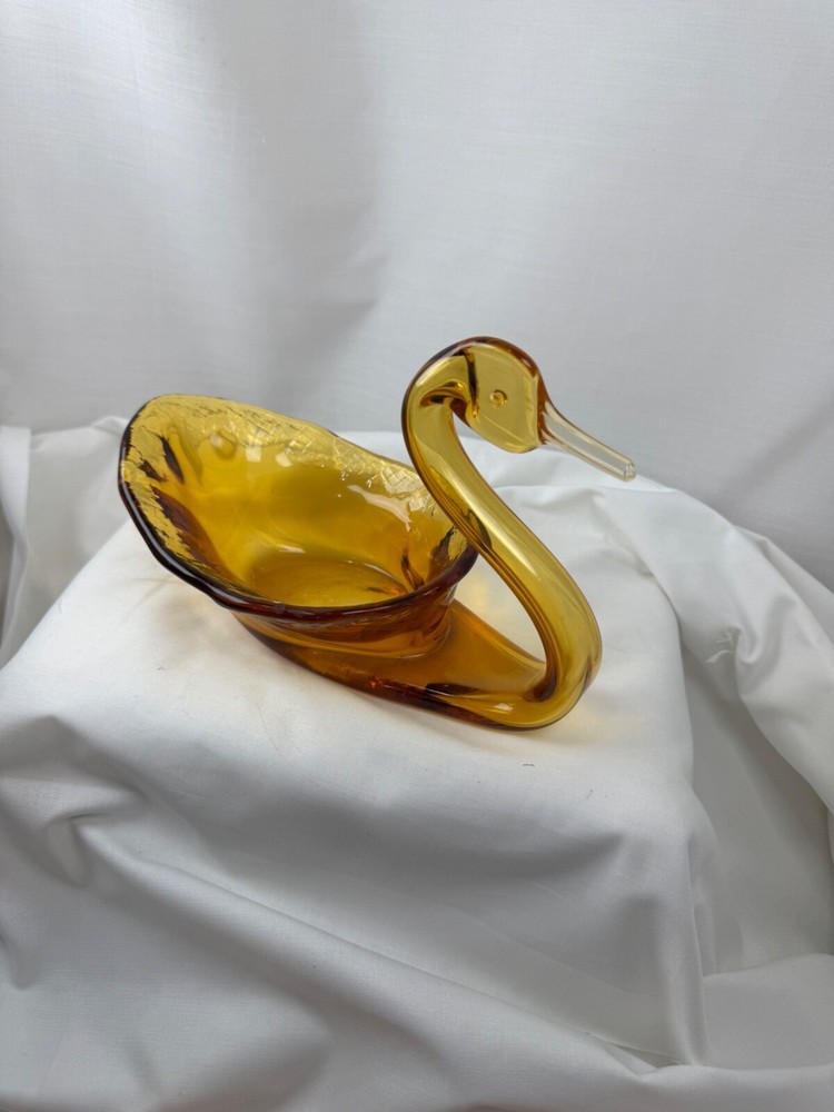 Vintage Hand Blown Amber Art Glass Swan Trinket Dish