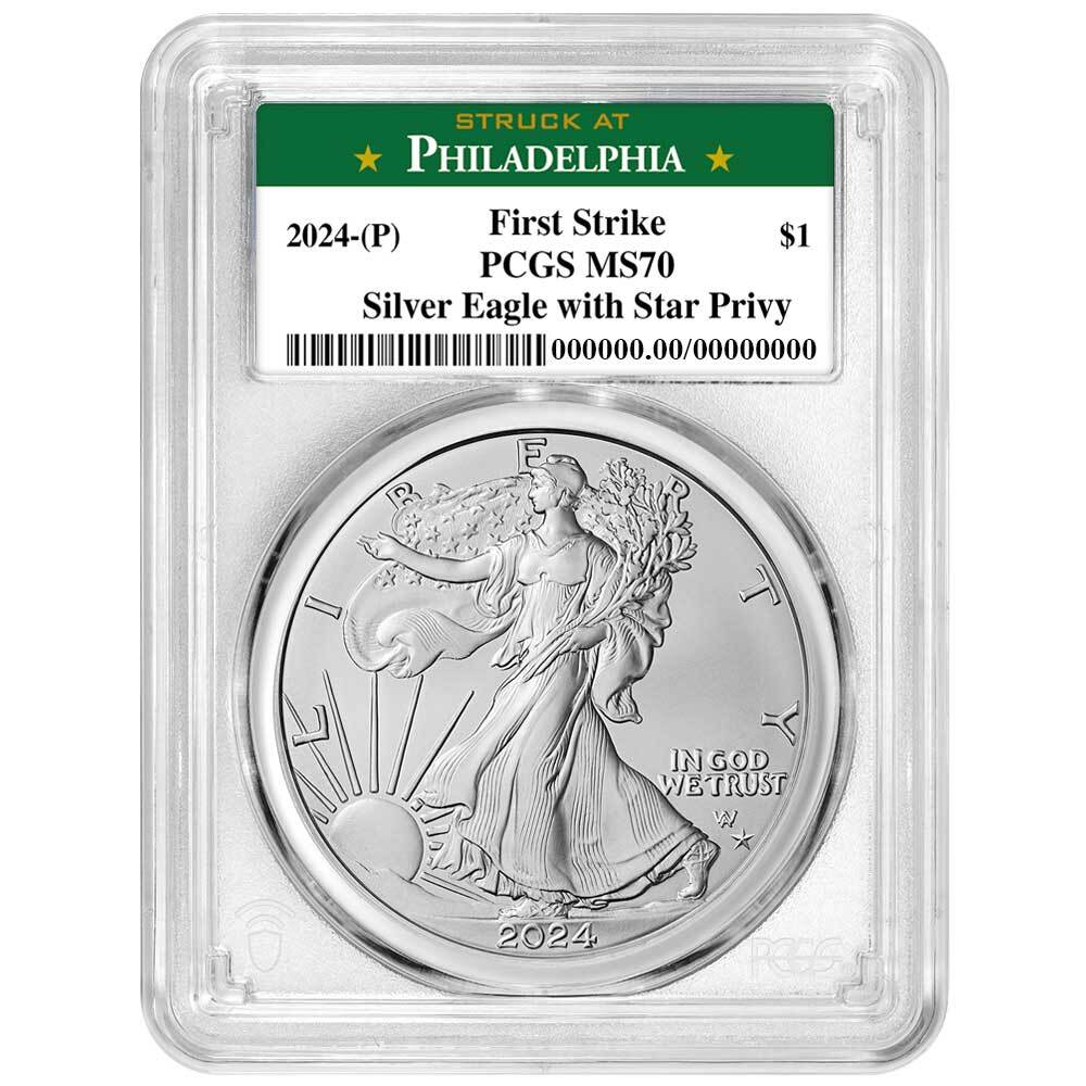 Presale - 2024 (P) $1 American Silver Eagle Star Privy PCGS MS70 FS Philadelp...