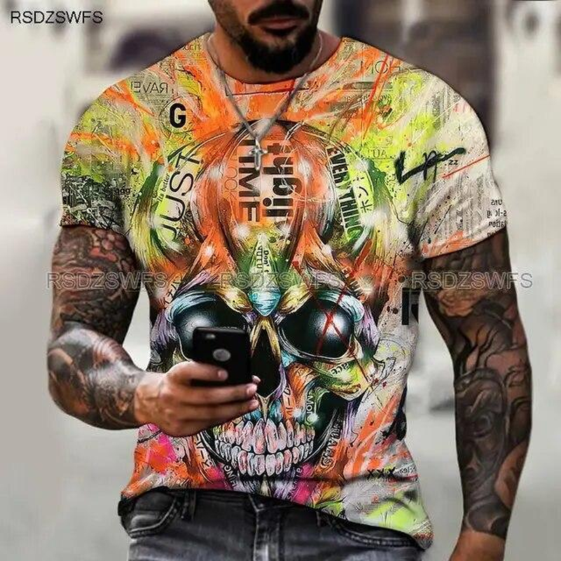 New Men'S 3D Skull Pattern T-Shirt Short Shirt Fashion Hip-Hop Luxury 2023