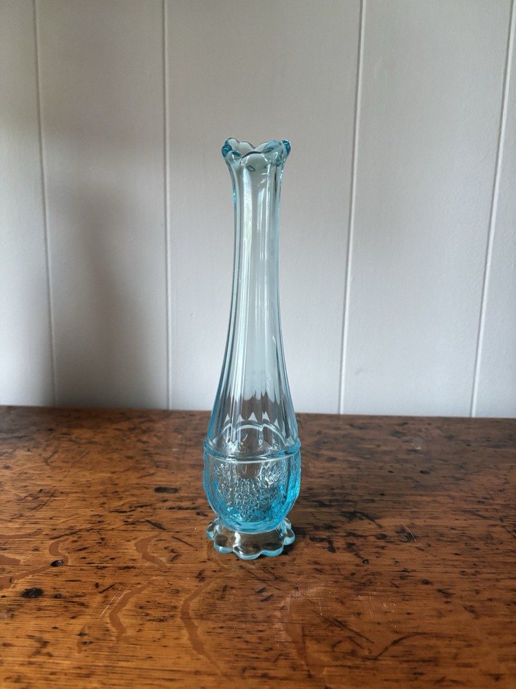 Vintage Westmoreland Handblown Teal Aqua Paneled Grape Swung Glass Vase 11 Inch