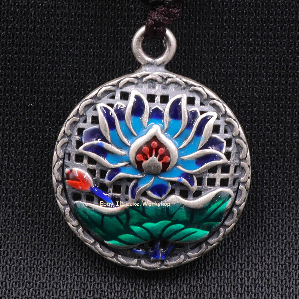 999 Pure Silver Enamel Lotus Leaf Hollow Round Fine Silver Pendant 1.1inchL