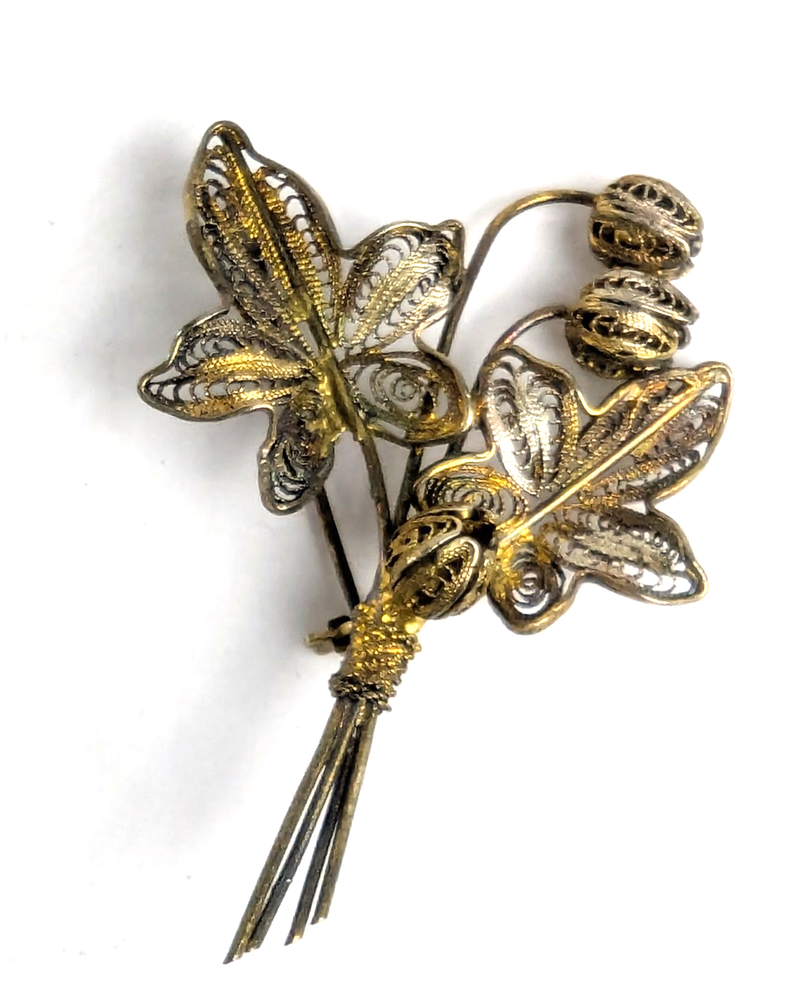 800 Silver Gold Gilt Vintage Italy Floral Filigree Pin Brooch Antique Estate 2