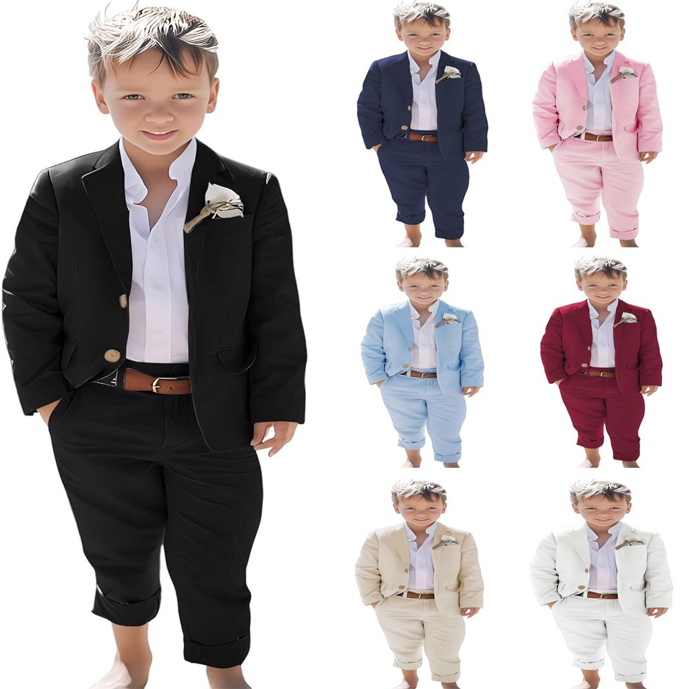 Linen Boys Suit Beach Wedding Suit Summer Slim Fit 2 Pieces Kids Suit Pants