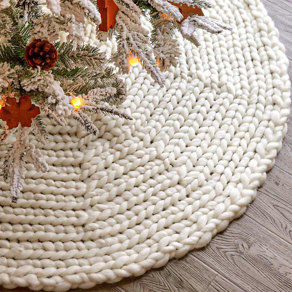 Knitted Christmas Tree Skirt: 48 Inches Crochet Cream White Tree Skirt, Chunk...