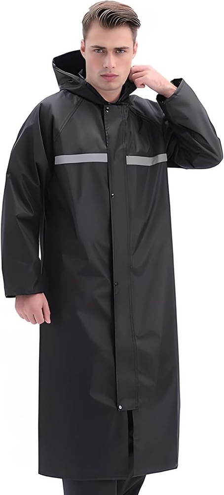 Men Black Waterproof Long Raincoat Rain Coat Hooded Trench Jacket Outdoor Hiking