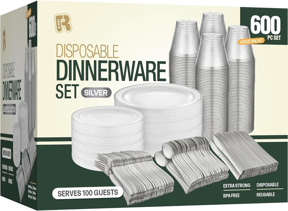 600pcs Silver Plastic Dinnerware Set 100 Guest, 100 Guest Set,
