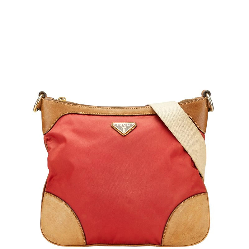 RARE Prada Triangle Logo Crossbody Bag in Red Brown Nylon Leather
