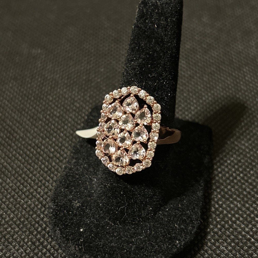 Morganite, white zircon, rose gold over sterling silver women's ring size 7