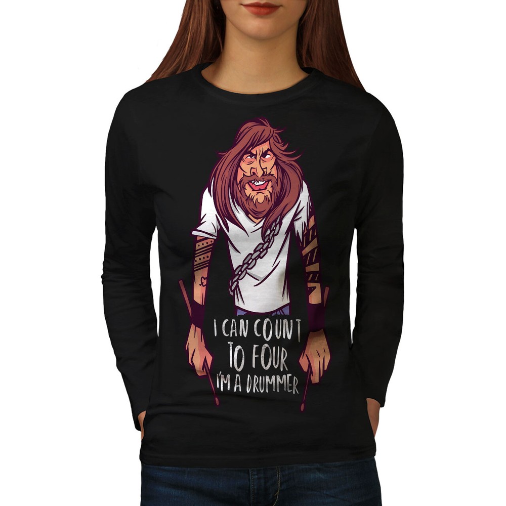 Wellcoda I Can Count To Four Drummer Humor Cartoon Womens Long Sleeve T-shirt