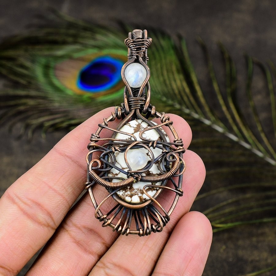Wild Horse, Moonstone Gemstone Copper Wire Wrap Jewelry Pendant 2.96