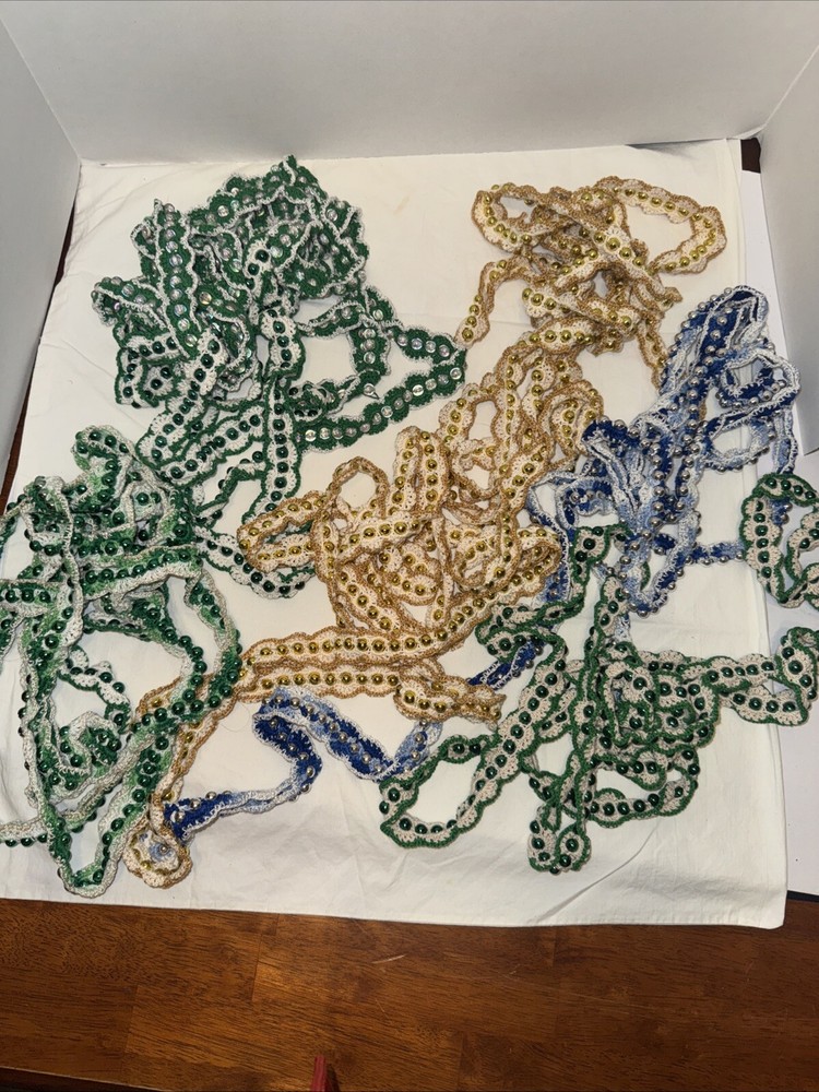 7 Handmade 9' Crochet Metallic Green,Gold,Blue Shiny Beads Christmas Garland 63'