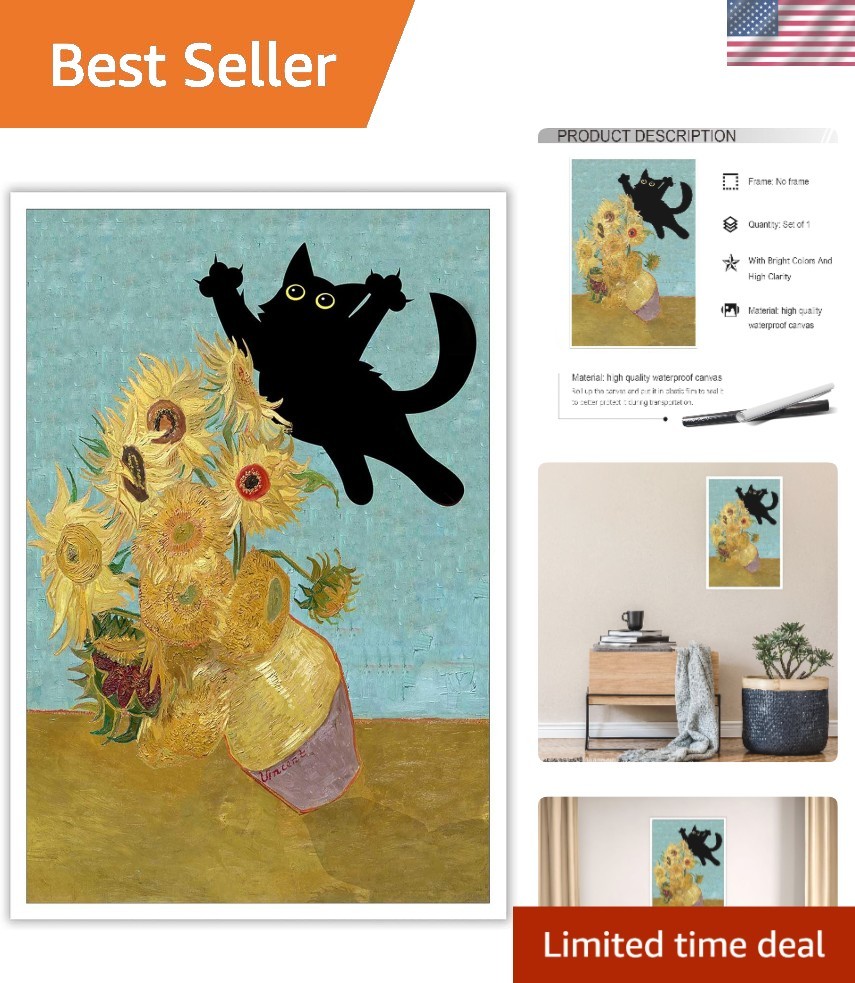 Vintage Black Cat and Sunflower Art Print 12x16in Canvas Wall Decor