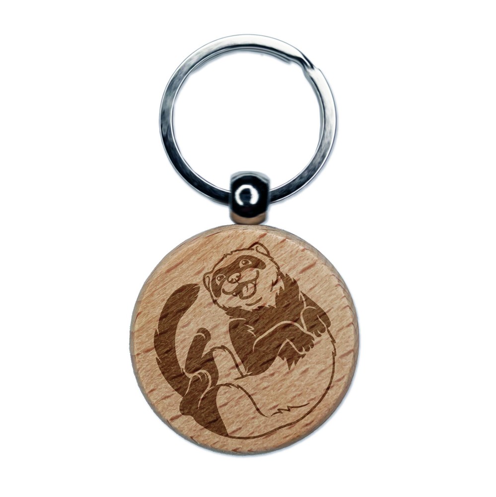 Silly Ferret on Back Engraved Wood Round Keychain Tag Charm