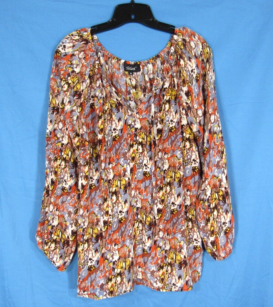 TOLANI Women's ORANGE/BLUE Watercolor Print SILK V-Neck PULLOVER Blouse Top Sz M