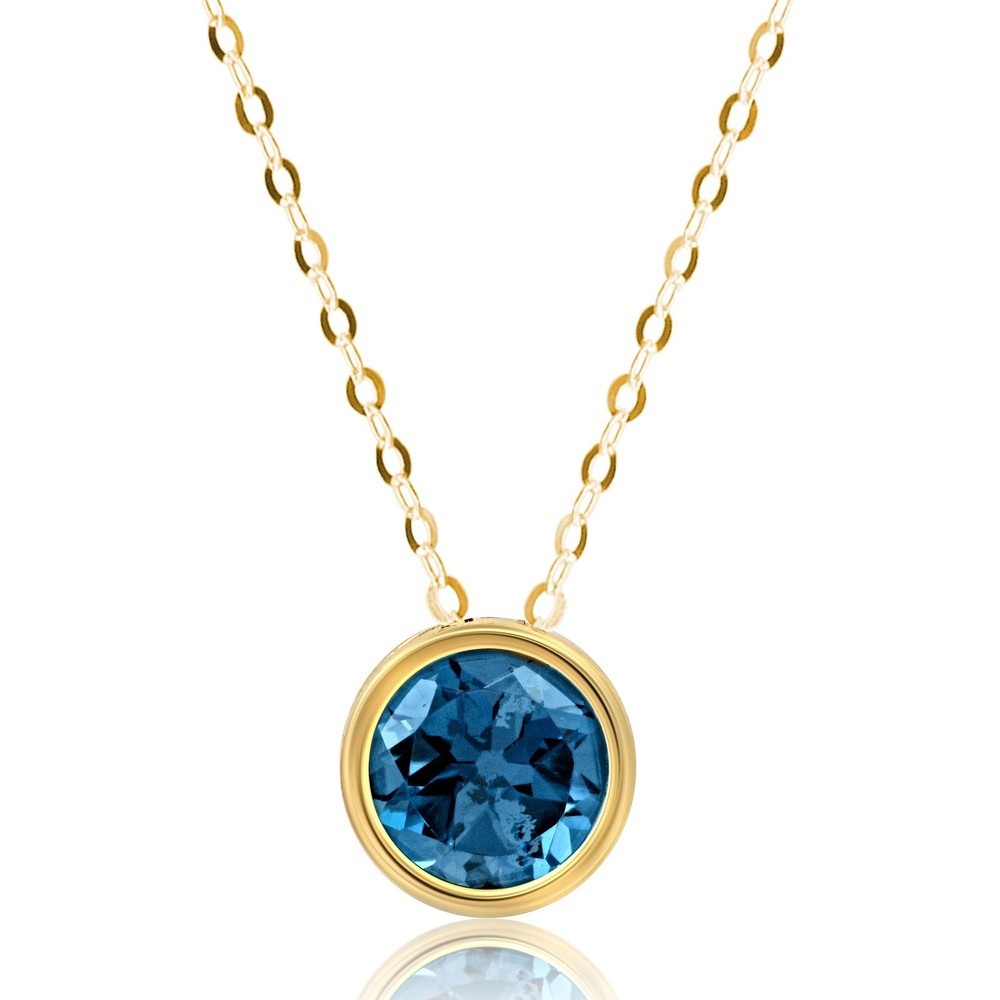 14k Yellow Gold Round Pendant Necklace for Women with 7 mm London Blue Topaz ...