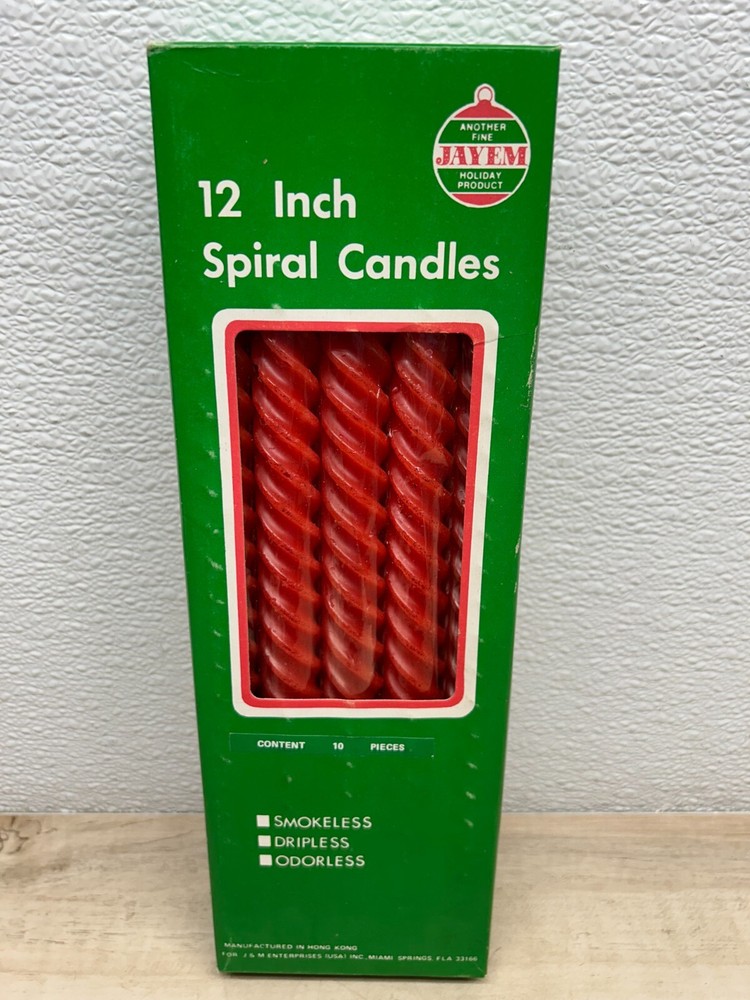 Vintage Jayem 12-Inch Twisted Spiral Red Holiday Candles Smokeless Dripless 10-Piece Box