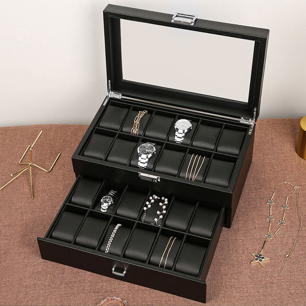 24-Slot Men's Watch Storage Box & Jewelry Display Case in Black