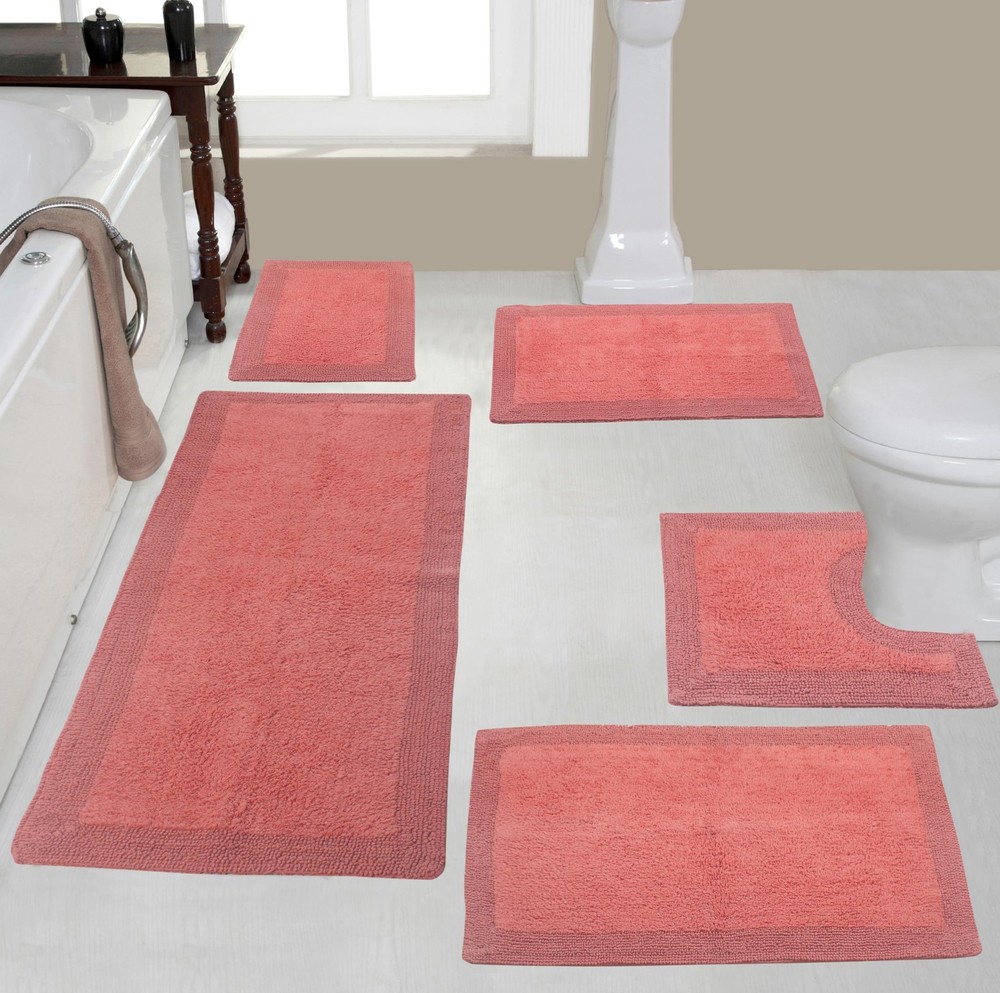 Luxury 100% Reversible Cotton Bathroom Rug Set - Washable & Soft Non-Slip Mat