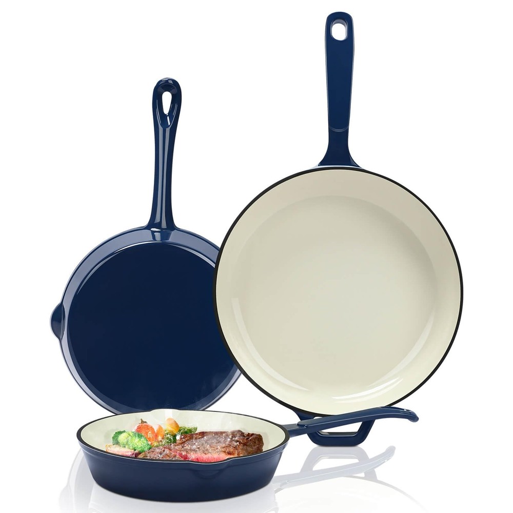 Enameled Cast Iron Skillet Set - 3 Piece Ceramic Coated Fry Pan Set(8'',9.5''...