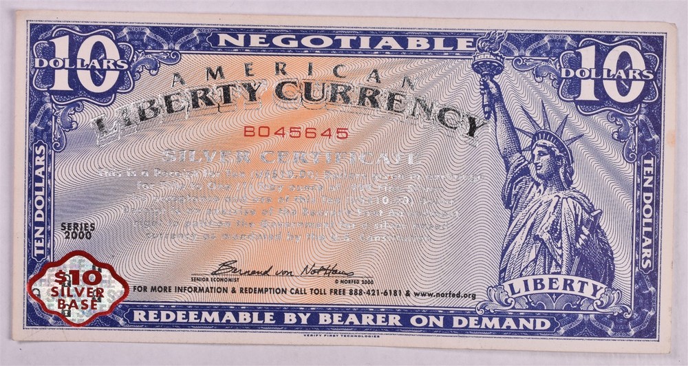 2003 Norfed $10 American Liberty Currency 1 oz Silver Certificate
