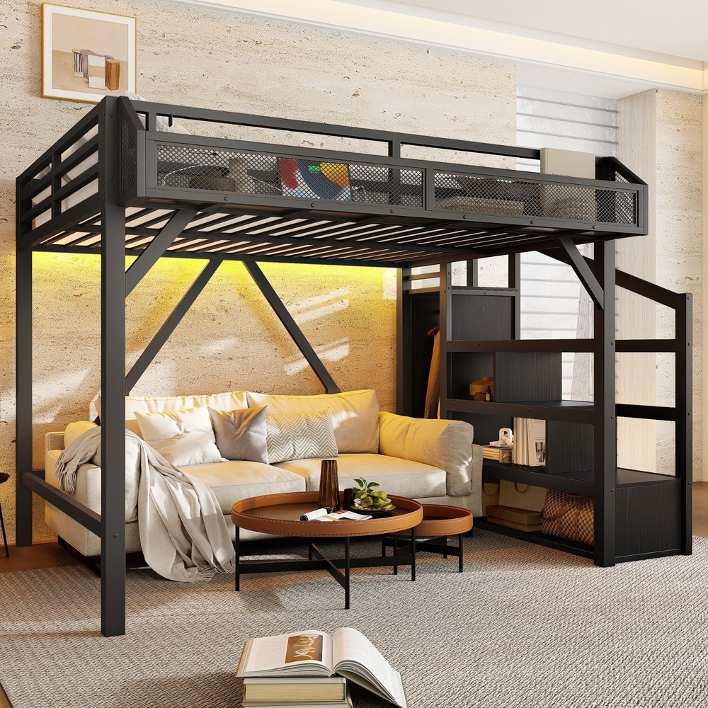 Full Loft Bed Metal Loft Bed Frame w/ Storage Stair,Shelves & Wardrobe Black