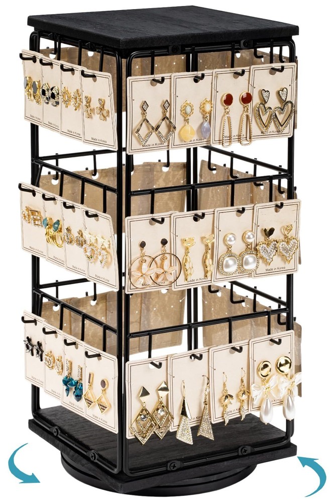 360° Rotating Earring Display Stand for Jewelry Retail with Storage Rack