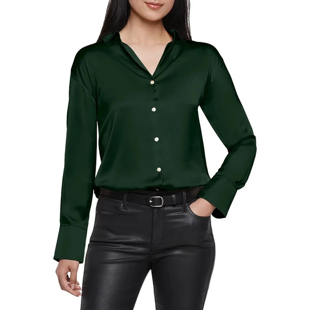 Express Women's Button Down V-Neck Long Sleeves Satin Shirt, Green, Size M