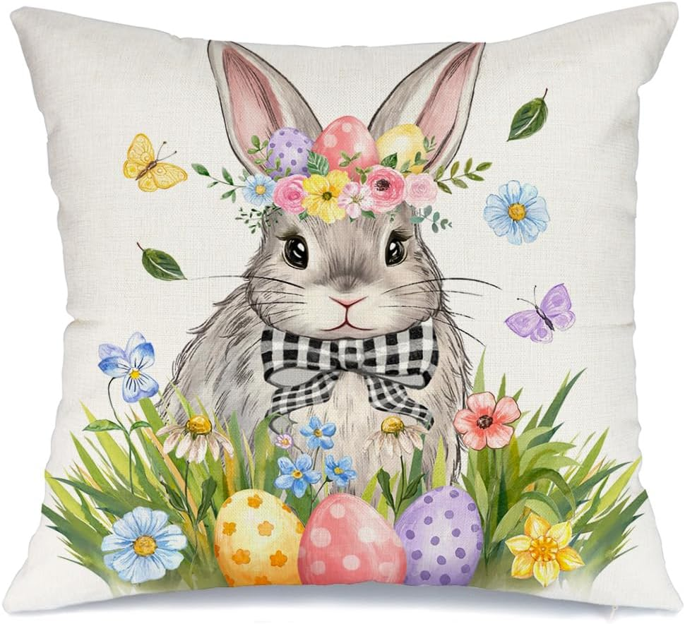 Easter 18x18 Bunny Floral Egg Decorative Pillow Cover for Holiday Decor