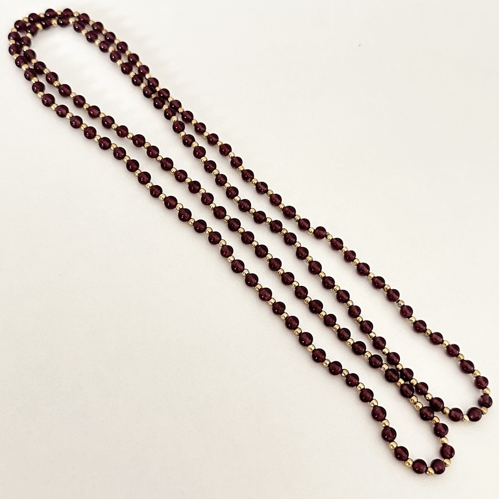 Vintage Amethyst Gemstone Gold Tone Long Bead Ball Chain Necklace 32