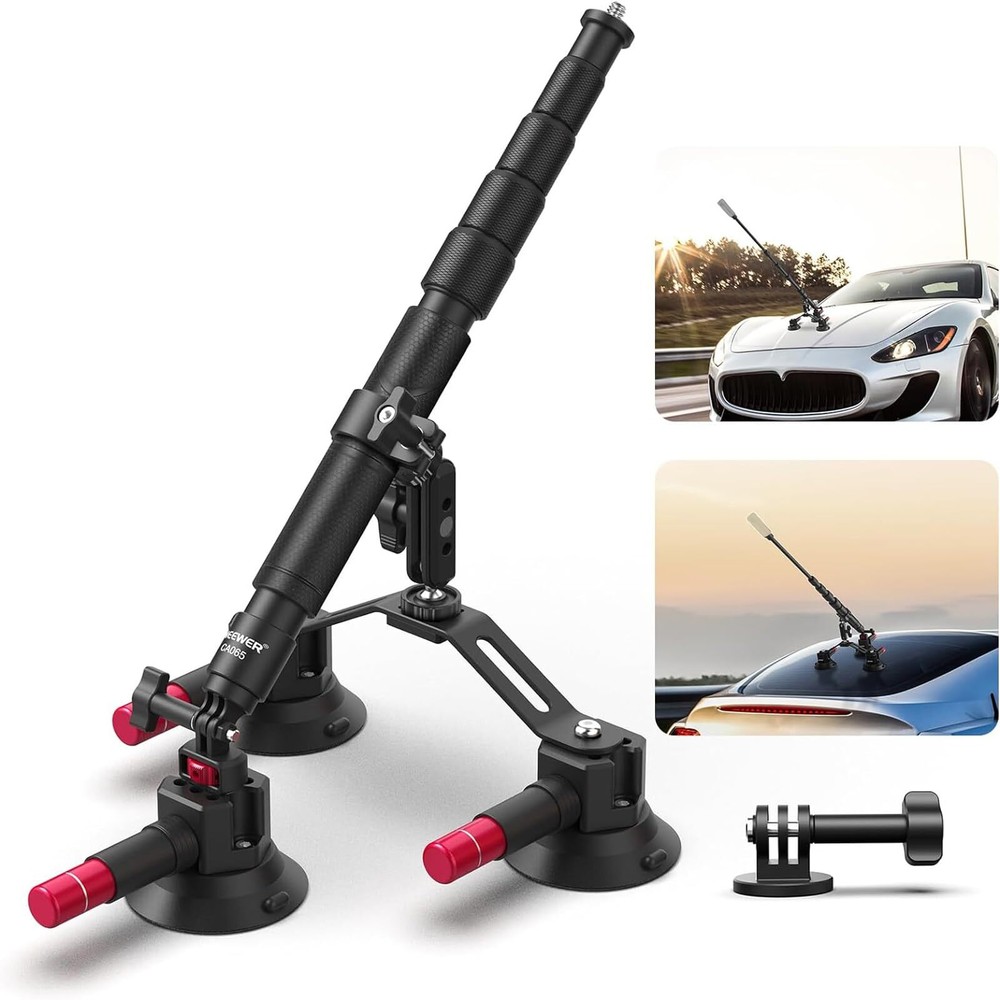 Triple Suction Cup Car Mount Kit with 2-in-1 Extension Pole and Selfie Stick for Quick Release