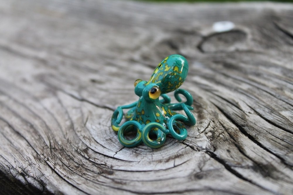 Green and Yellow Blown Glass Octopus Figurine Collectible Art Piece