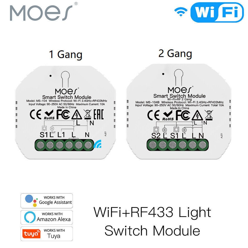 MOES WiFi RF Smart Light Switch Flush Mount Relay Module 2 Way Alexa Google App