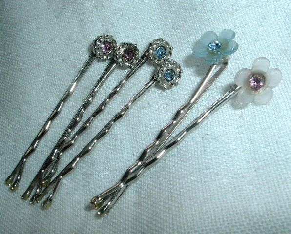 Sparkling Silver Pink Blue Rhinestone Floral Bobby Pins NWT