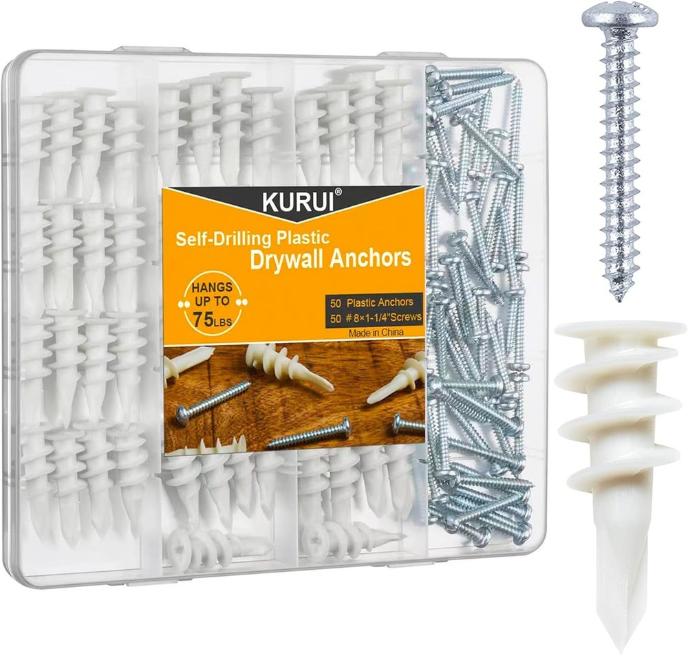 KURUI #8 Self Drilling Drywall Anchors, 100PCs Dry Wall One Size, White