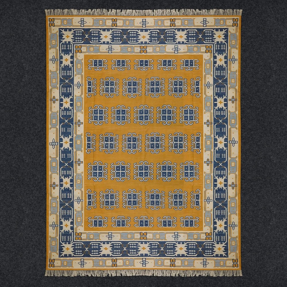 Geometric Hand Knotted Cotton Dhurrie Rug Color Mustard Yellow, Blue and Beige