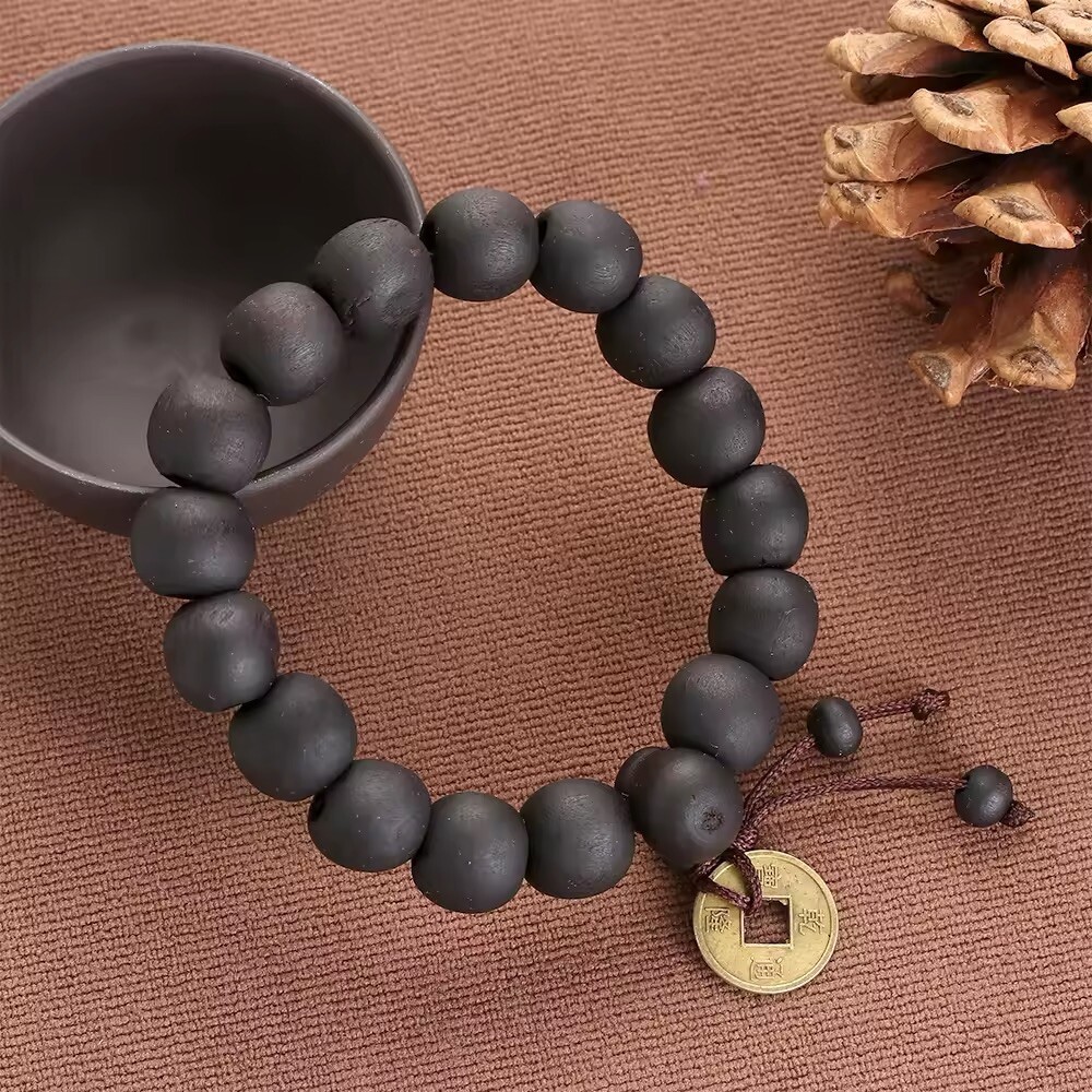 1Pc Wood Bead New Buddha Bracelet Buddhist  Bangle Prayer Beads Copper Coin