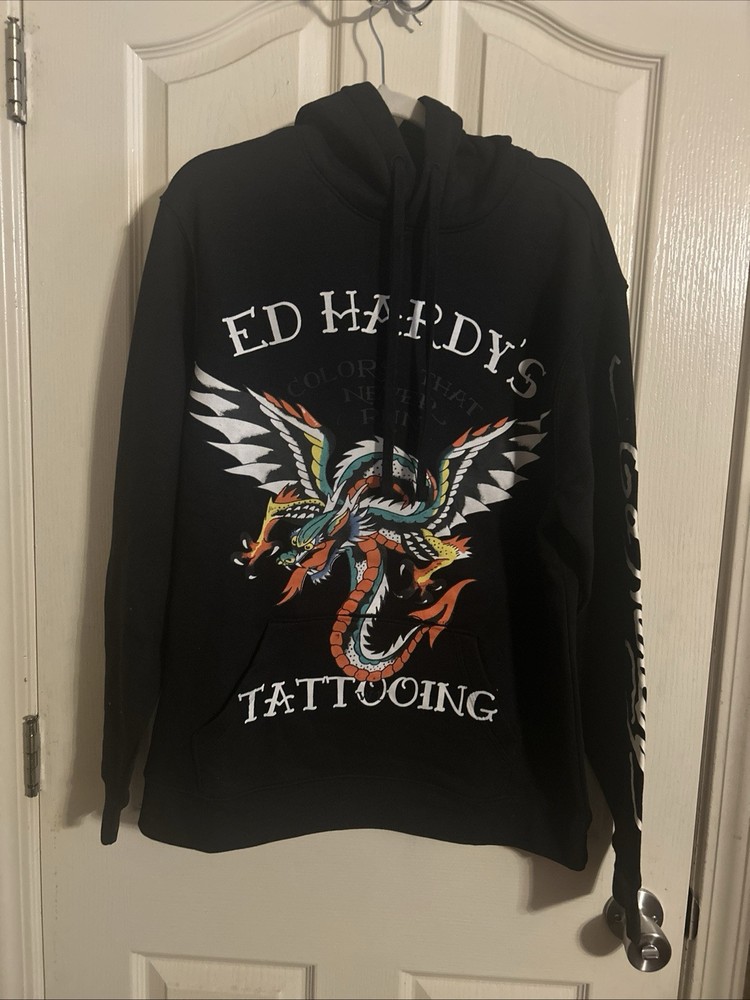 Ed Hardy Mens Dragon Tattoo Black Hoodie Long Sleeve Sweatshirt Size Large