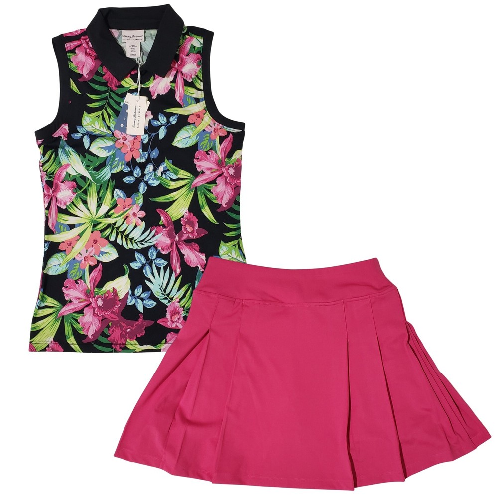 Tommy Bahama Racquet & Paddle Floral Quarter Zip Top & Pleated Skort XS Pink! 💕