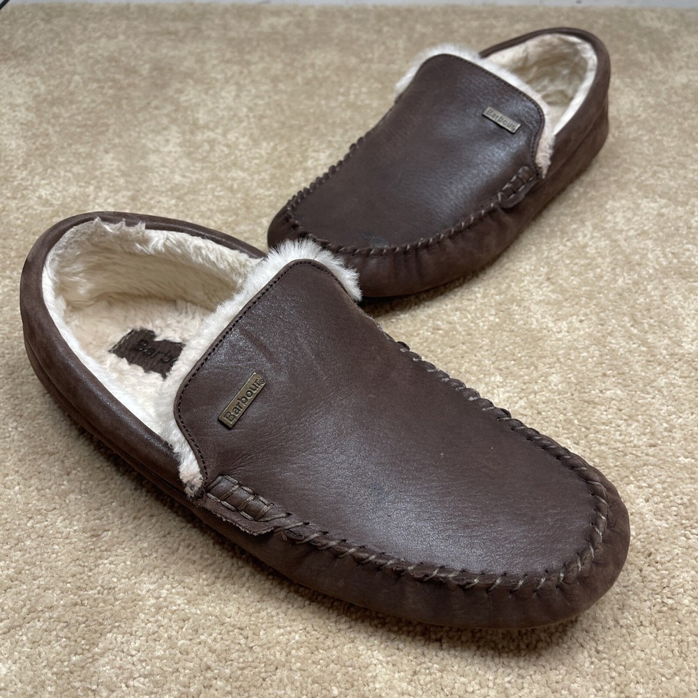 Barbour Monty Mens 7 Moc Toe Brown Leather MSL0001BR71 Lined Driving Slippers
