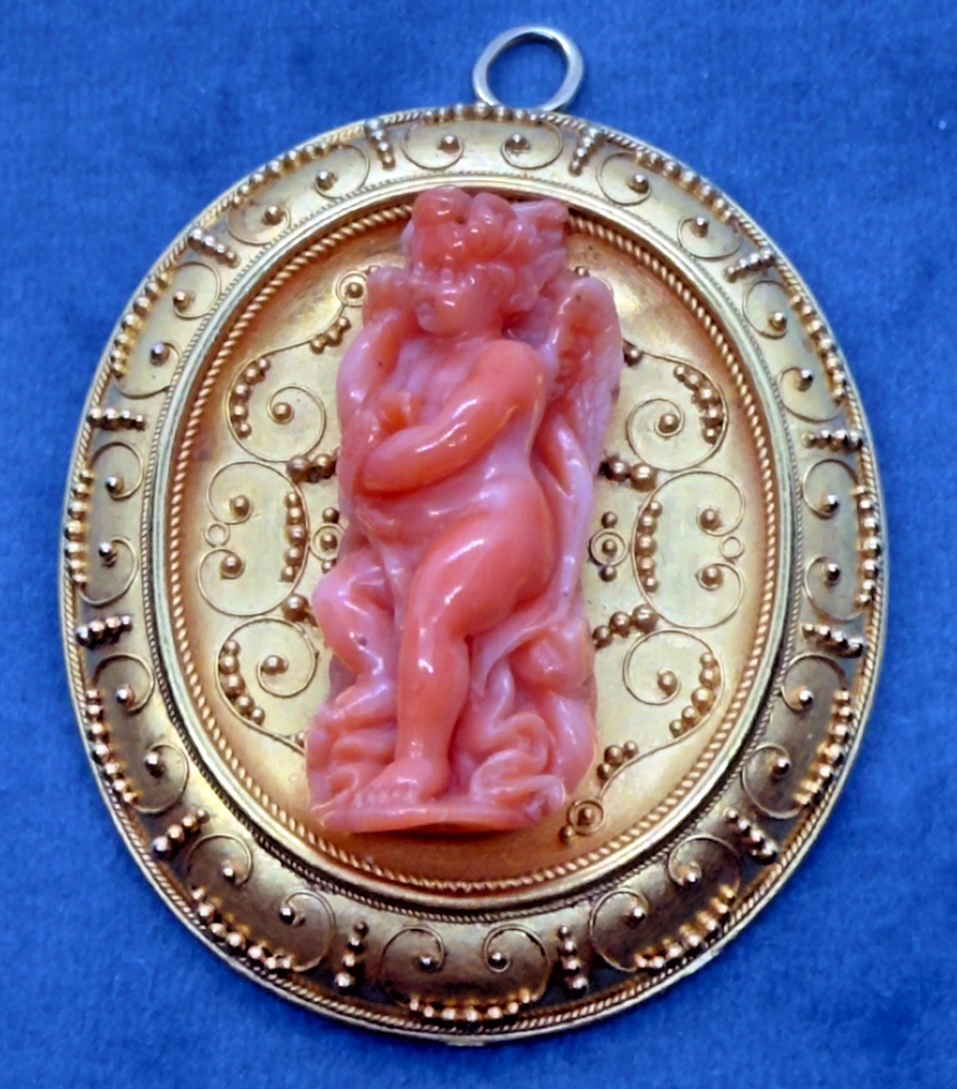 Victorian Etruscan Revival 18ct Gold Brooch Pendant Coral Eros Italy c.1850