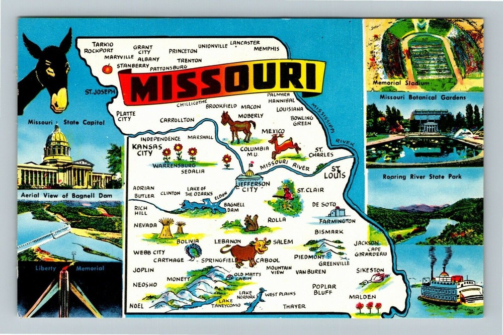 MO-Missouri, Aerial View Map, Landmarks, Vintage Postcard