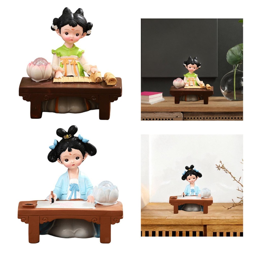 Girl Resin Statue Figurine with Light Desktop Cabinet Folk Ethnic Decoration