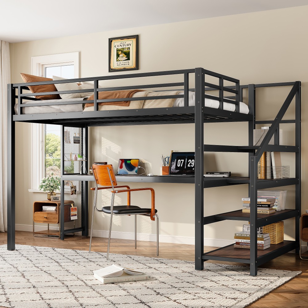 Twin XL Loft Bed with Desk and Storage Stairs Metal Loft Beds with LED Lights
