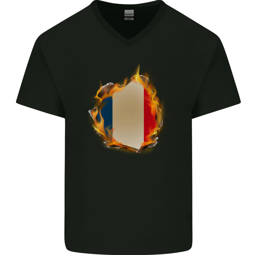 The French Tricolour Flag Fire France Mens V-Neck Cotton T-Shirt