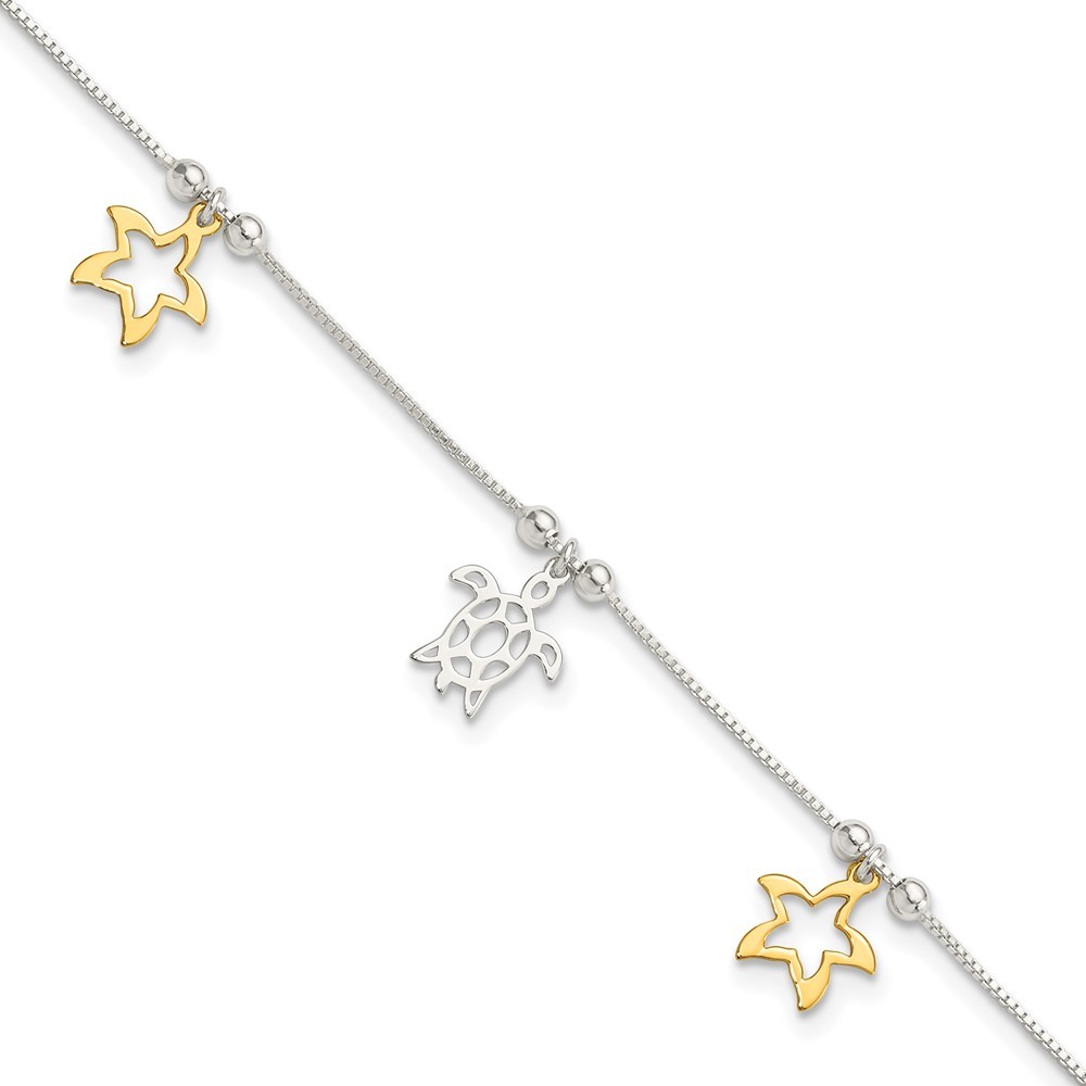 Sterling Silver Gold Tone Turtle and Starfish Anklet 9