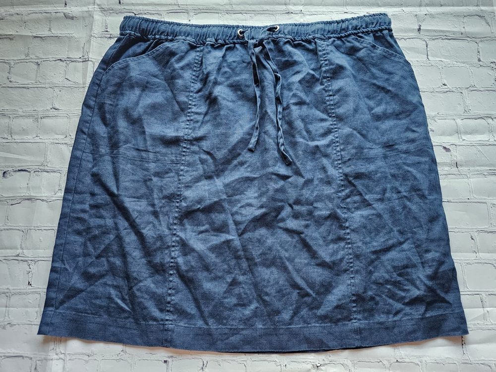 Orvis 100% Linen Blue Drawstring Skirt XL 16/18 Elastic Waist Casual Comfort