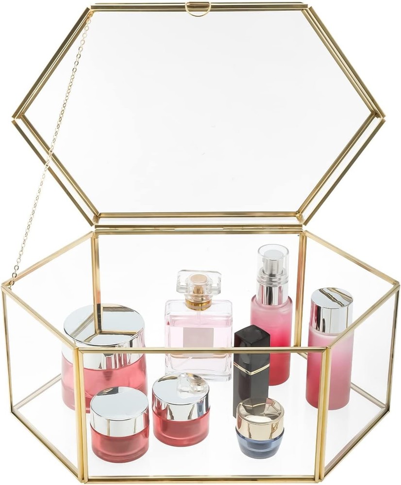 Glass Vintage Jewelry Box Hexagon Golden Display Organizer for Weddings Parties