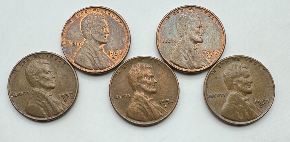 1957 - D Lincoln Wheat Cent x 5 -  1C - Die Chip - Filled B - Penny - Ships Free